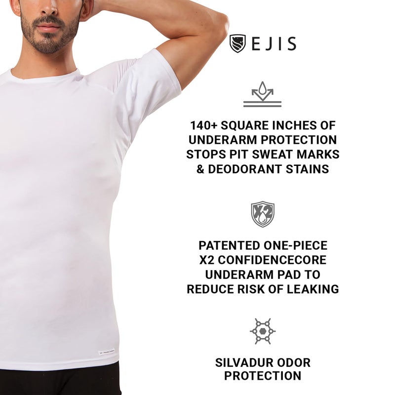 Ejis Sweatproof Undershirt Mens Modal Crew w Sweat Pads, Silver Treated to Fight Embarrassing Body Odor & Armpit Stains, Aluminum Free Alternative to Antiperspirant, Regular Fit (Large, White) - Image 2